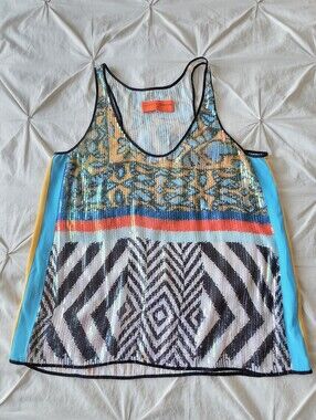Clover Canyon Sequin Tank Top, Multicolor Geometric Sheer Sleeveless
